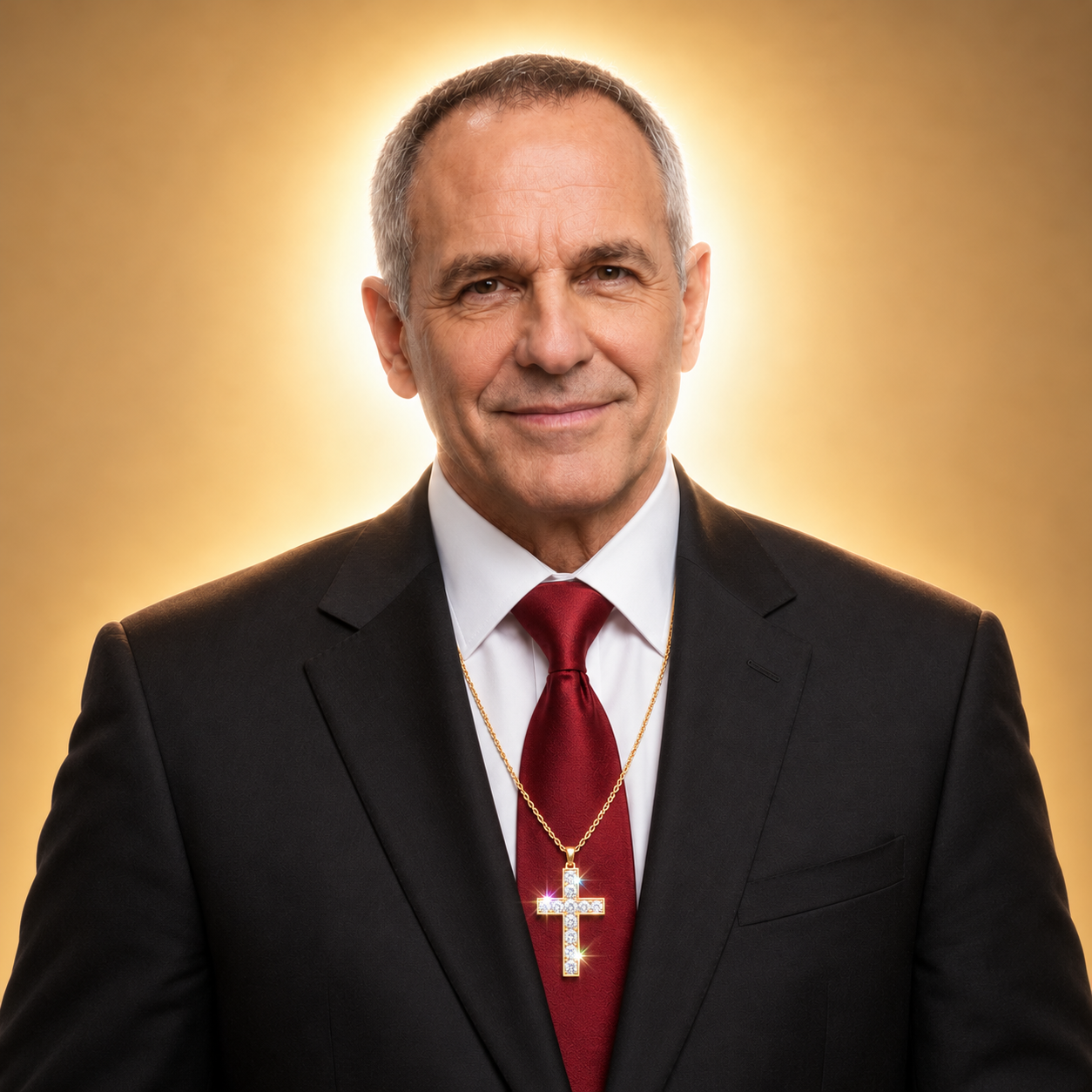 Pastor David Vogel wearing his YSE cross, with rainbow fire in the gemstones